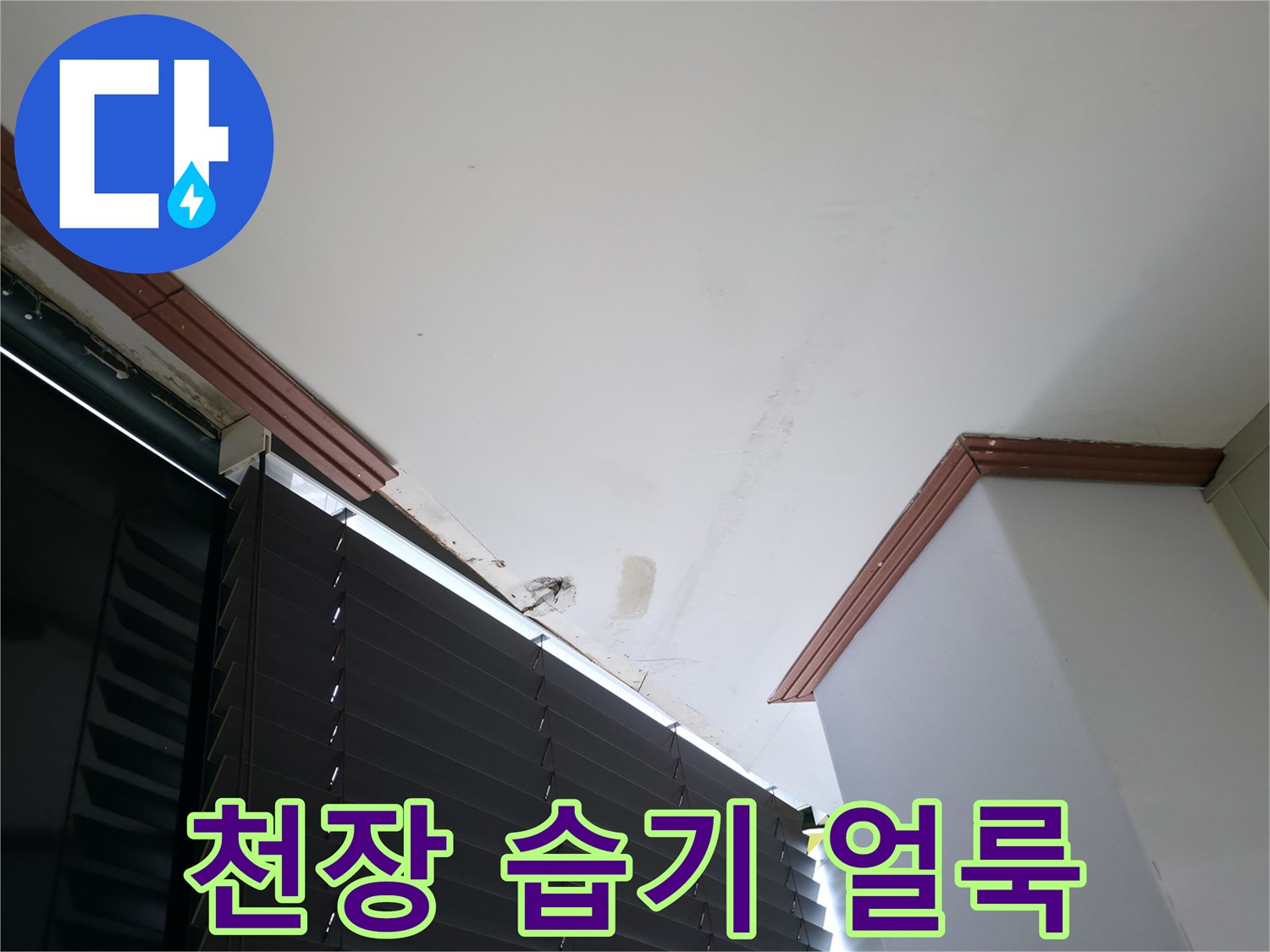 천장 마감재 부근의 습기 침투 흔적