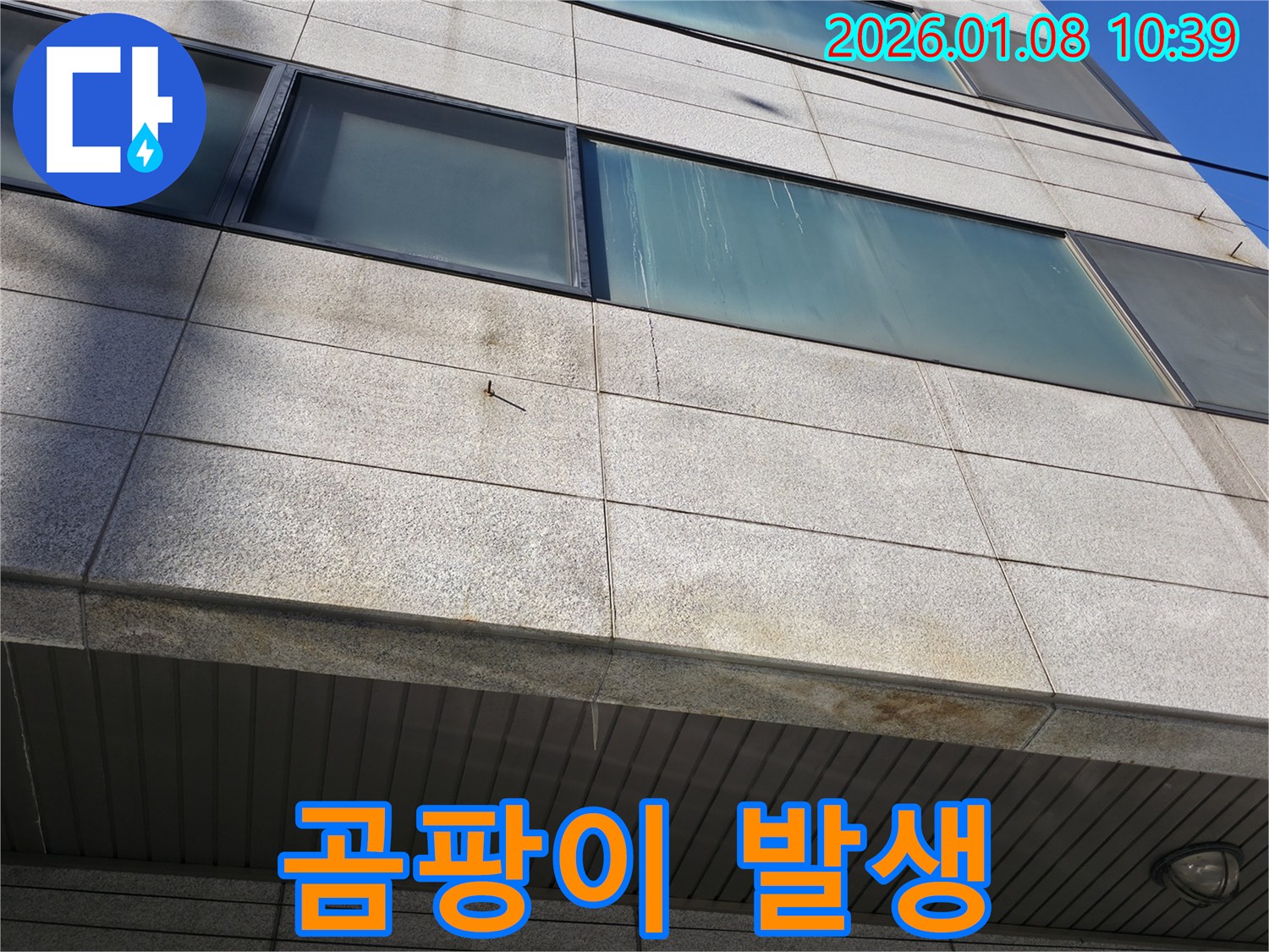 건물 외벽 창문 주변 곰팡이 발생 - 습한 환경으로 인한 번식