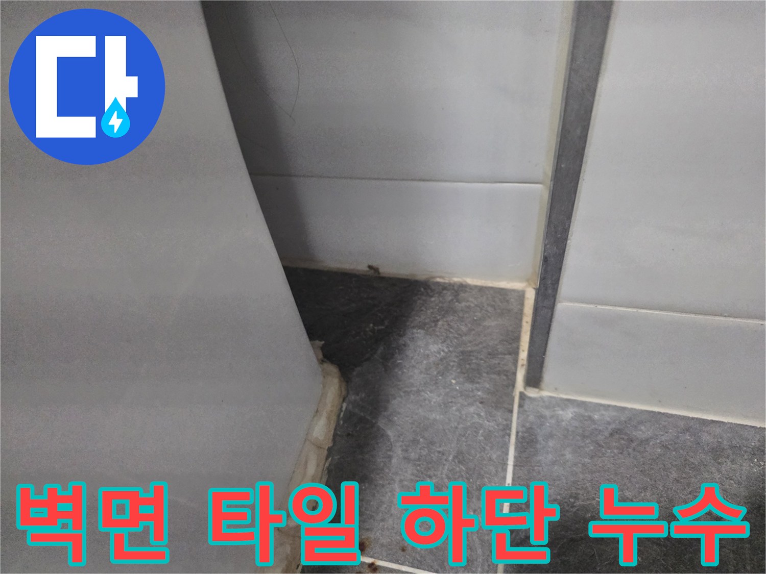 욕실 벽면 하단부의 어두운 습기 자국과 타일 틈새 상태