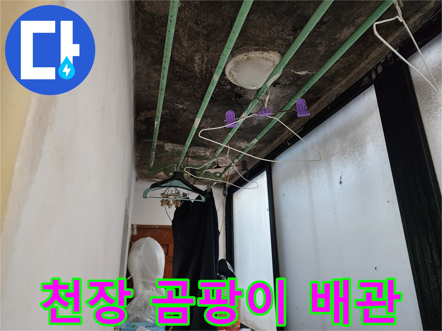 습기로 인한-천장 곰팡이와 노출된 배관