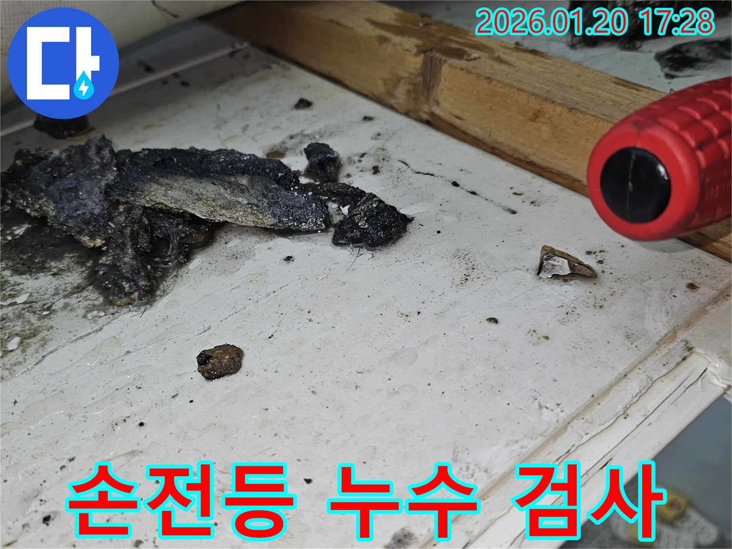 중계동 누수 현장-손전등을 이용해 어두운 곳의 누수 흔적까지 꼼꼼히 검사하는 모습