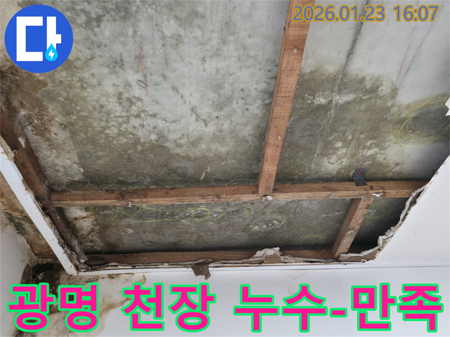 광명시 천장 누수 현장에서-콘크리트 슬라브와 나무 지지대가 노출된-심각한 누수 상황을-고객 만족을 위해 점검