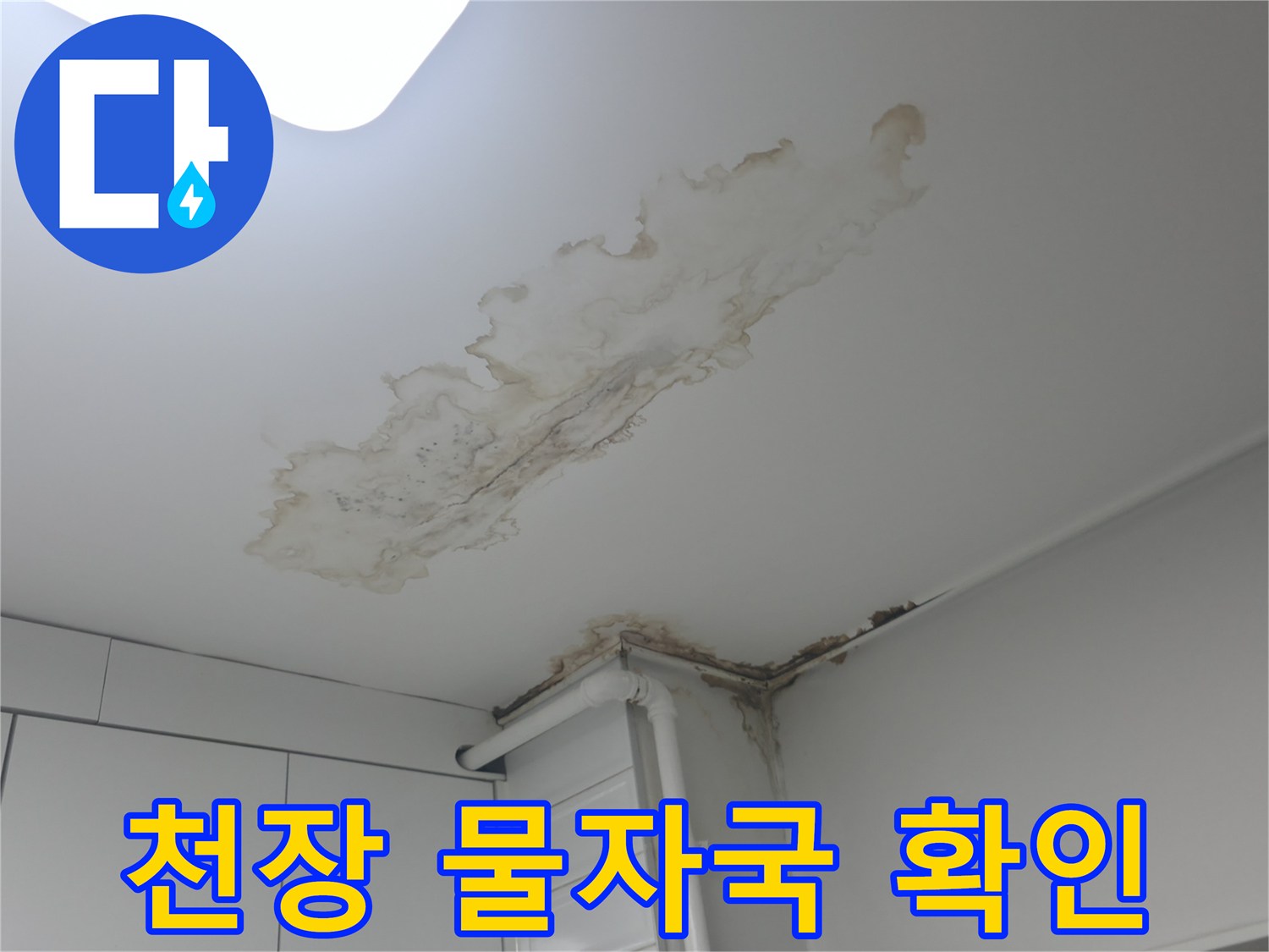 불규칙한 모양으로 번져있는 천장 누수 흔적과 얼룩