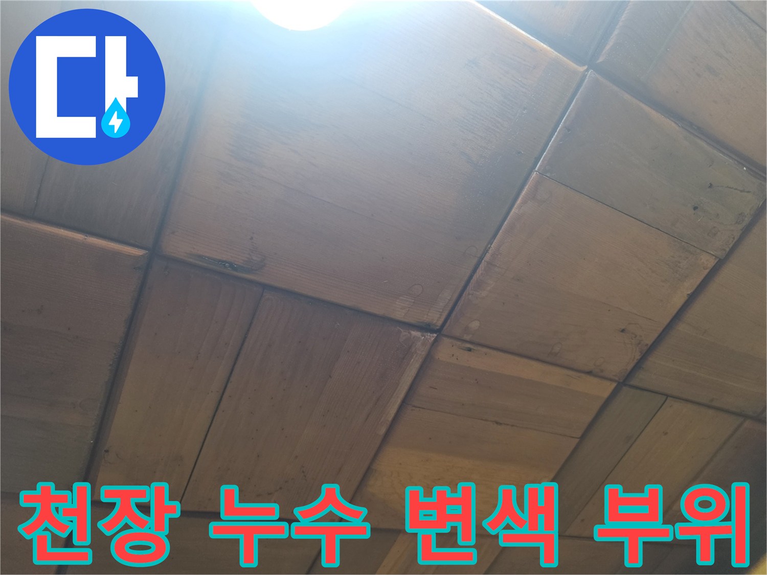 물에 젖어 어둡게 얼낙진 천장 목재 패널
