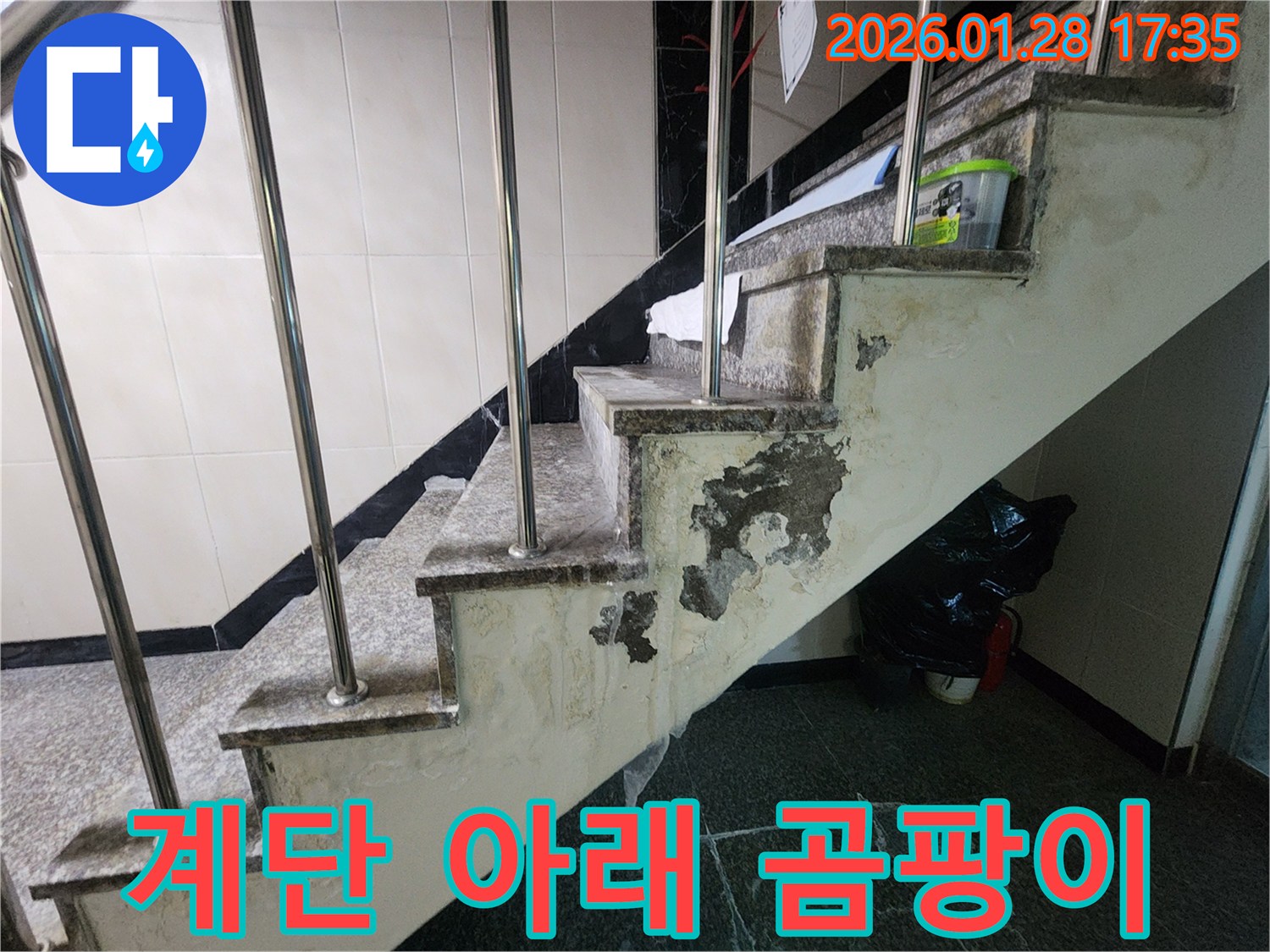 인천 계양구 만봉길-누수로 인해 계단 아래 벽면에 발생한 곰팡이-건강에 심각한 위협이 될 수 있습니다