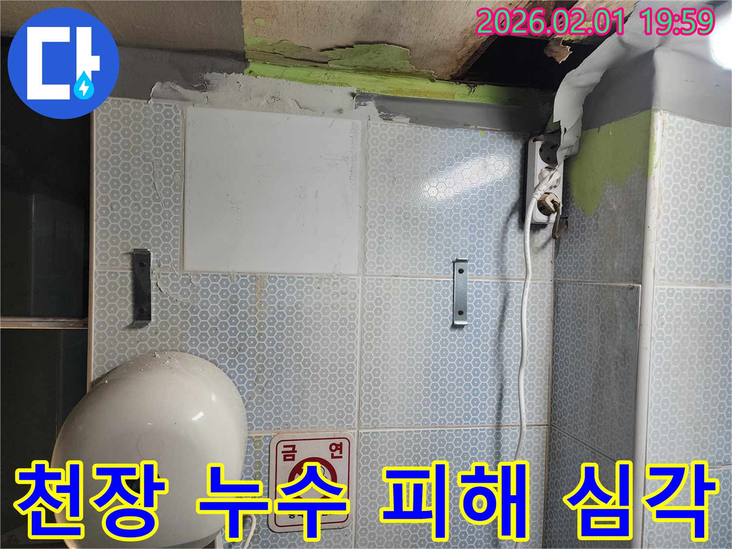 심각한 천장 누수 피해 - 곰팡이 발생 및 전기 설비 위험이 있습니다.