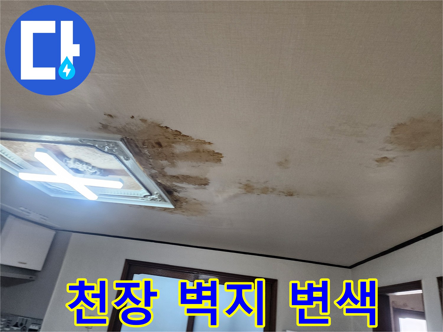 벽지 표면에 나타난 갈색 누수 얼룩과 젖은 부위