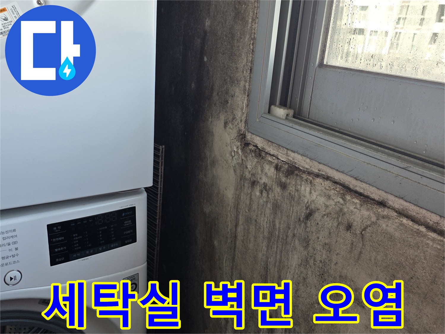 세탁기 위쪽 천장 곰팡이와 변색된 벽면
