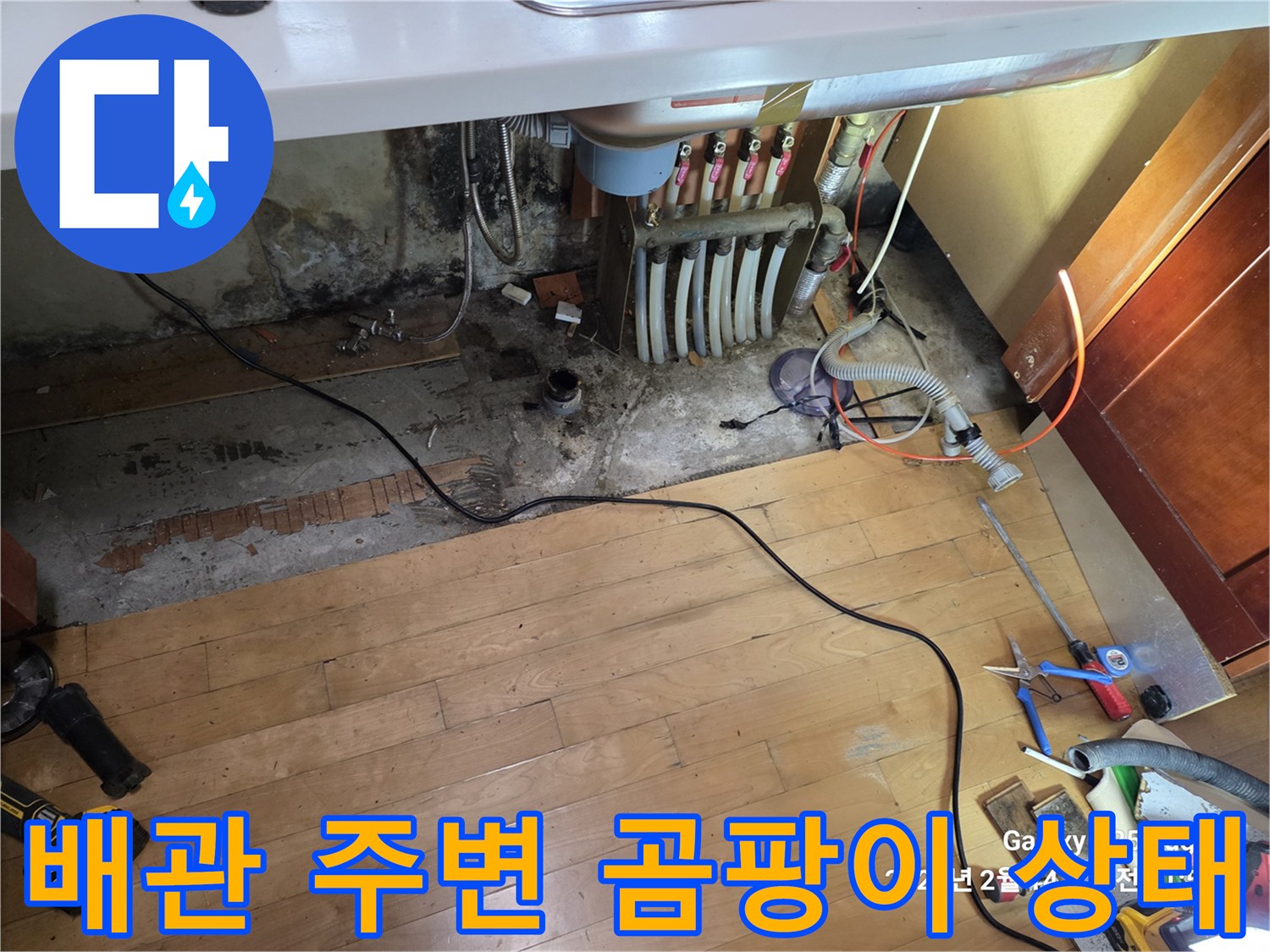 싱크대 하부 배관 주변에 발생한 검은 곰팡이와 습윤한 바닥면