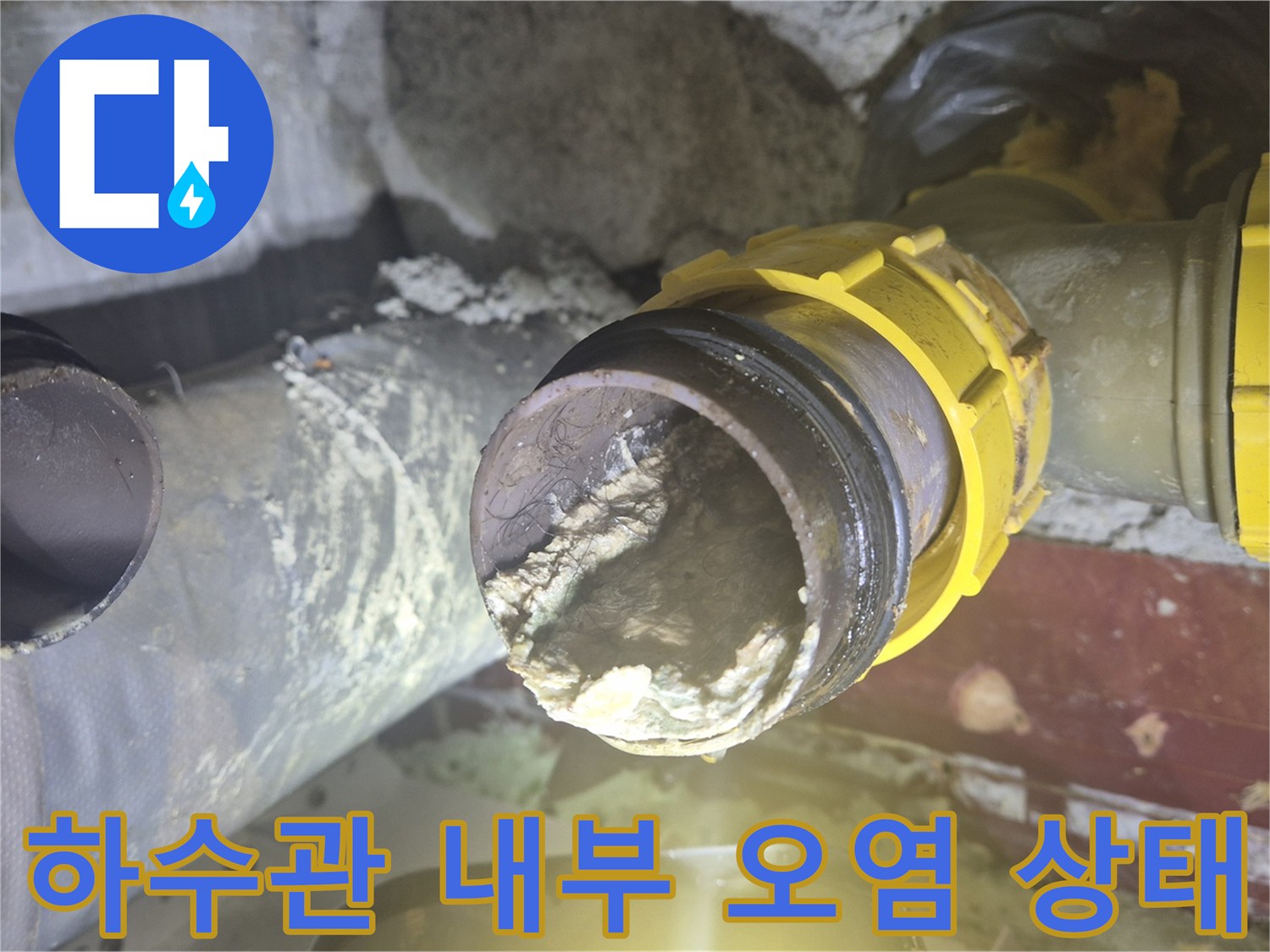 이물질로 막힌 하수 배관 입구 사진