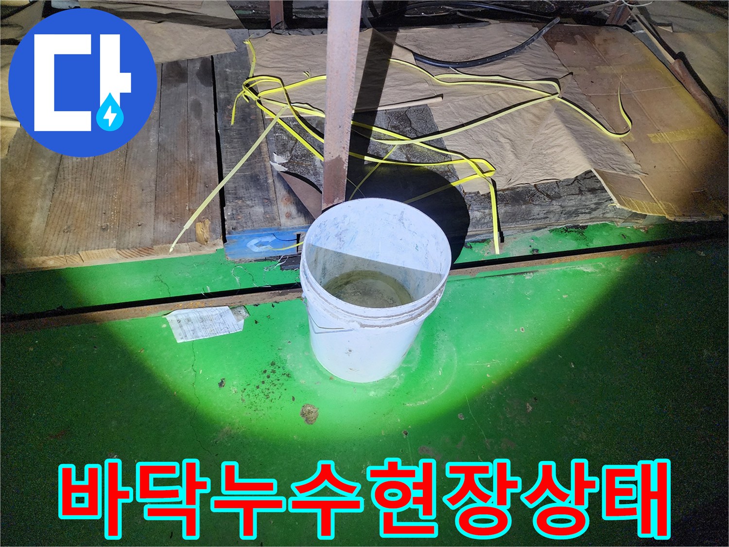 물 고임을 받치기 위해 놓인 흰색 양동이