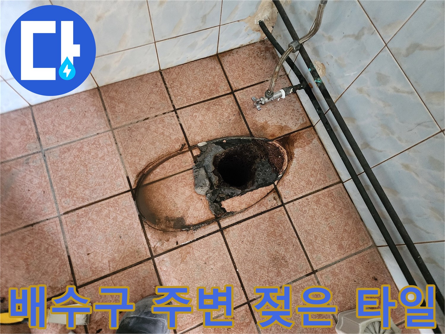 양주 현장 방문-물기에 젖어 검게 변한 배수구 주변 타일 표면