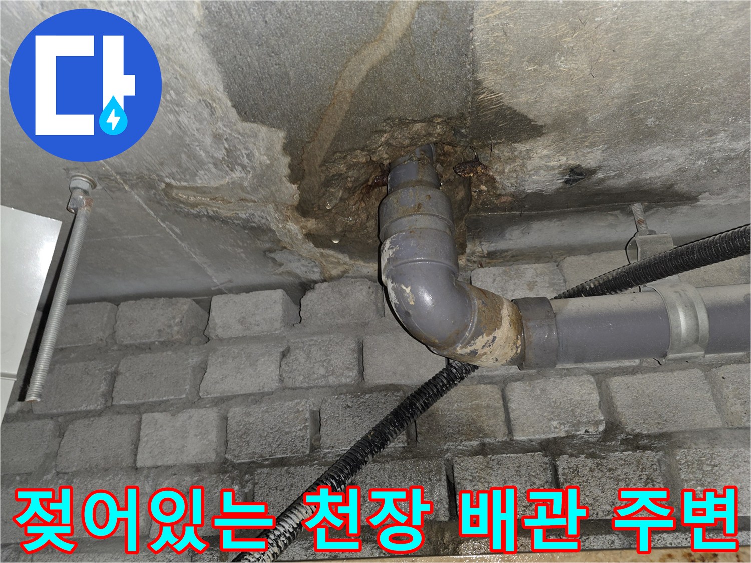 콘크리트-슬라브-배관-주변의-젖은-흔적과-부식된-배관