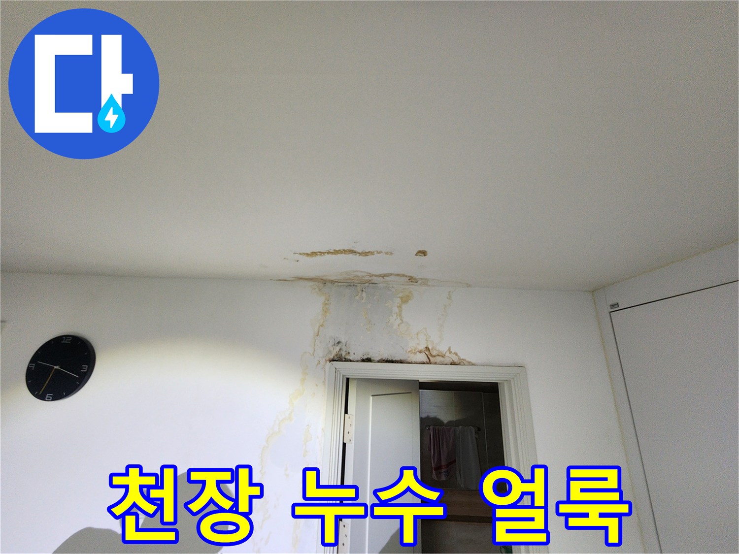 천장 경계 부위에 나타난 누수 피해 자국
