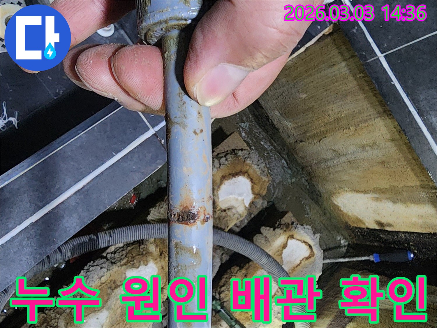 파주 지역-누수 공사를 위해-문제 배관을-점검하는 모습