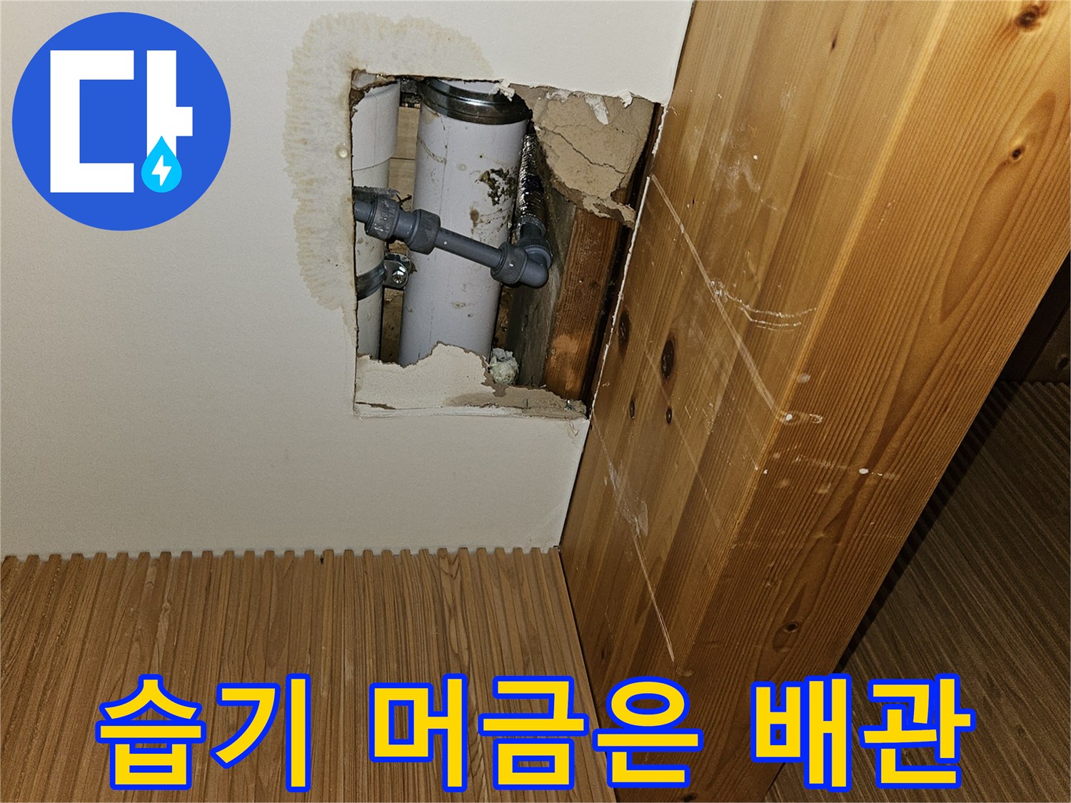 천장-목재-사이로-드러난-젖은-배관-모습