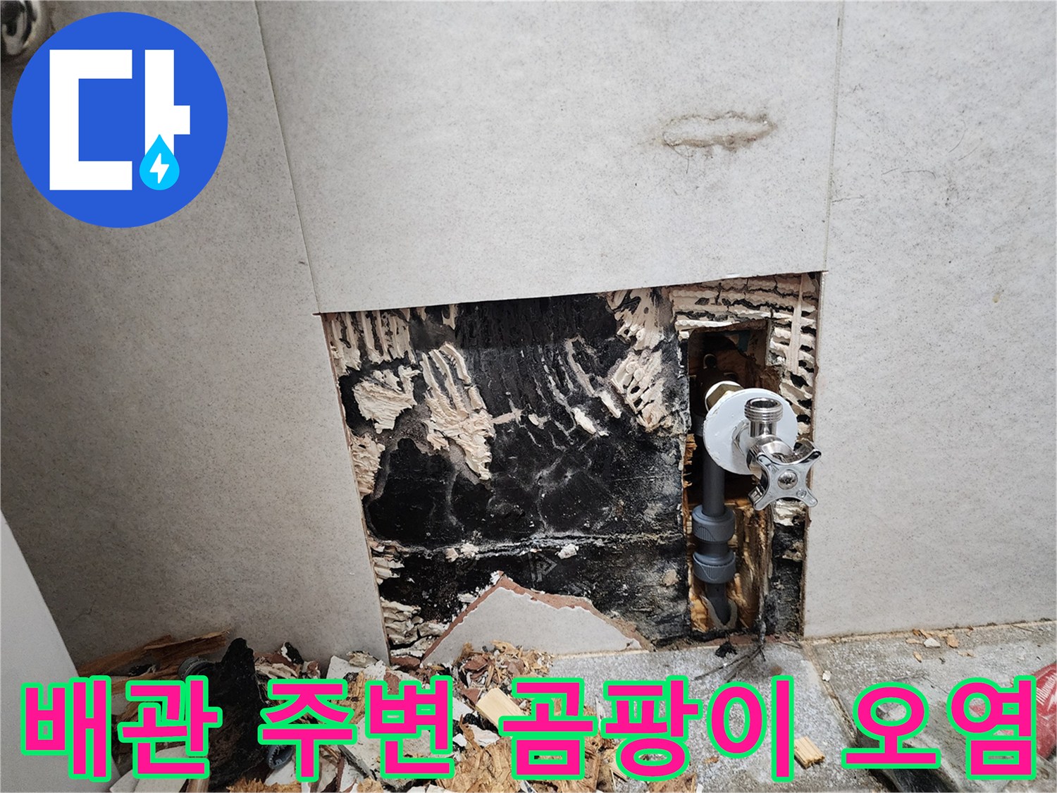노출된 수도 배관과-검게 변색된-벽 내부 상태
