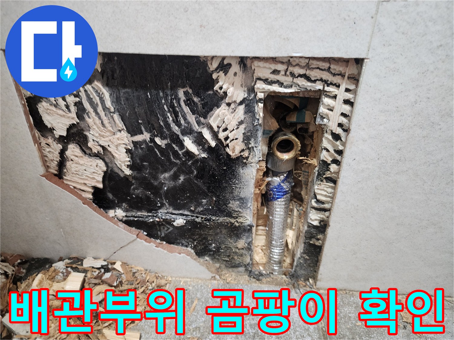 화장실 타일 내부-배관 부근의 검은 곰팡이와 습기 상태
