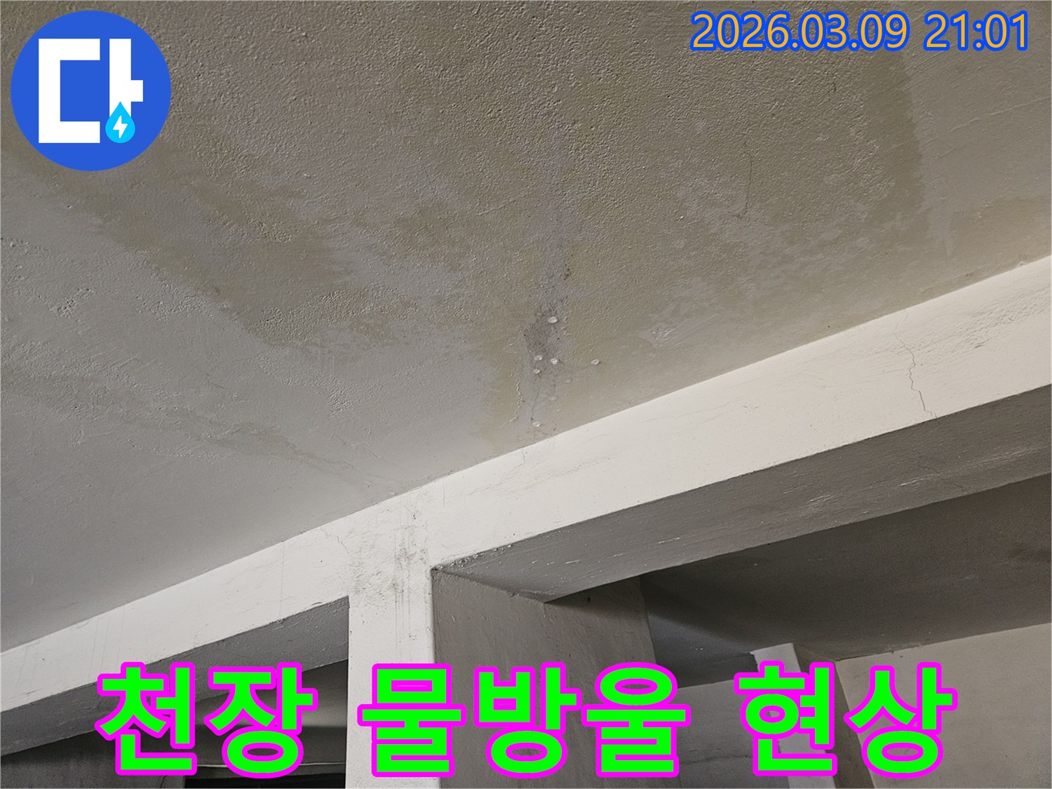 콘크리트 천장에서-물이 계속해서-떨어지는-심각한 누수-현장-사진입니다.