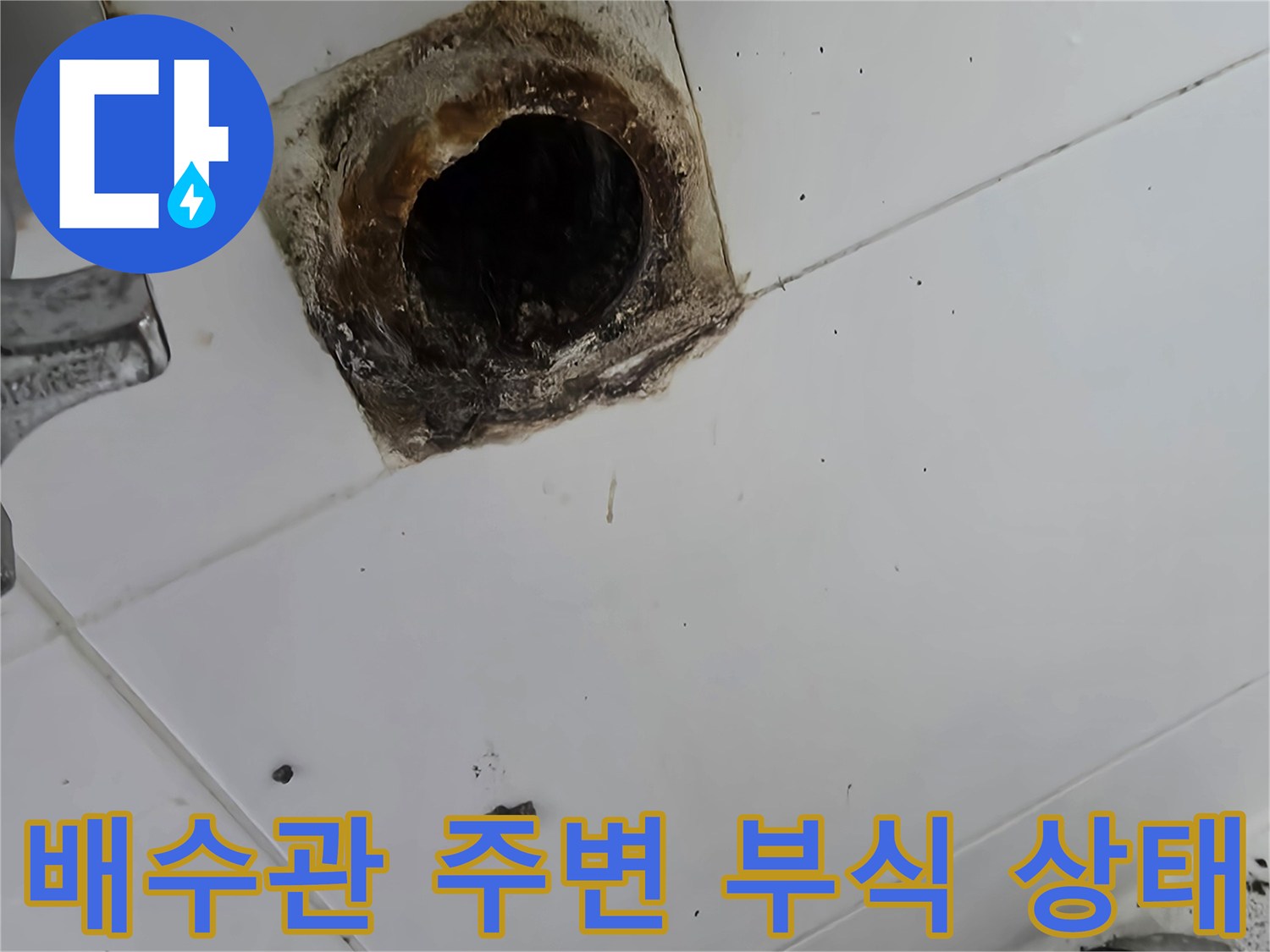배수구 입구 타일 틈새에 끼어 있는 검은 오염물과 배관 부식