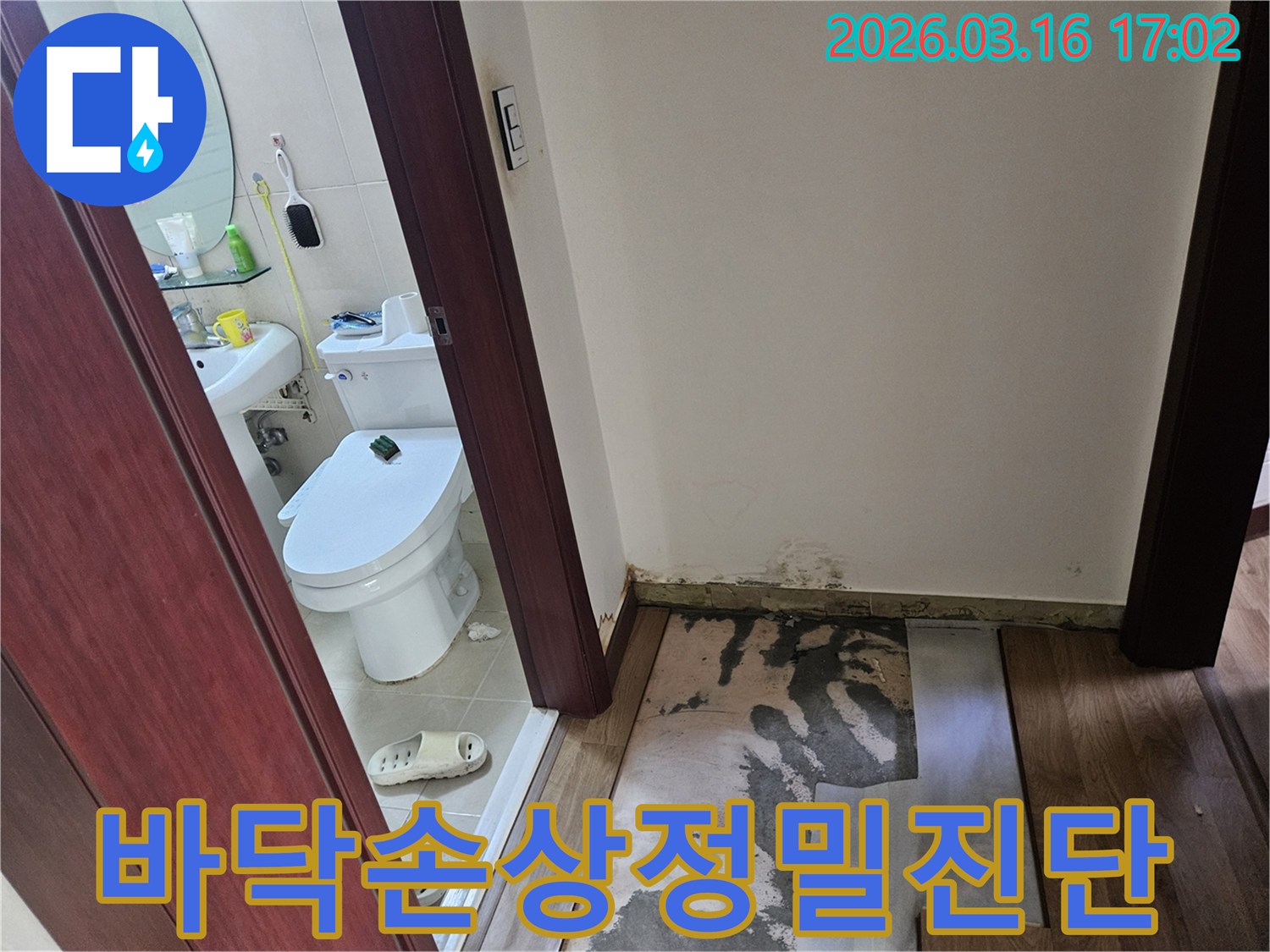 화성 병점 지역-누수 탐지 후-욕실 앞 바닥재를-제거하고-곰팡이와-물자국이 드러난-상태를 보여주는-사진