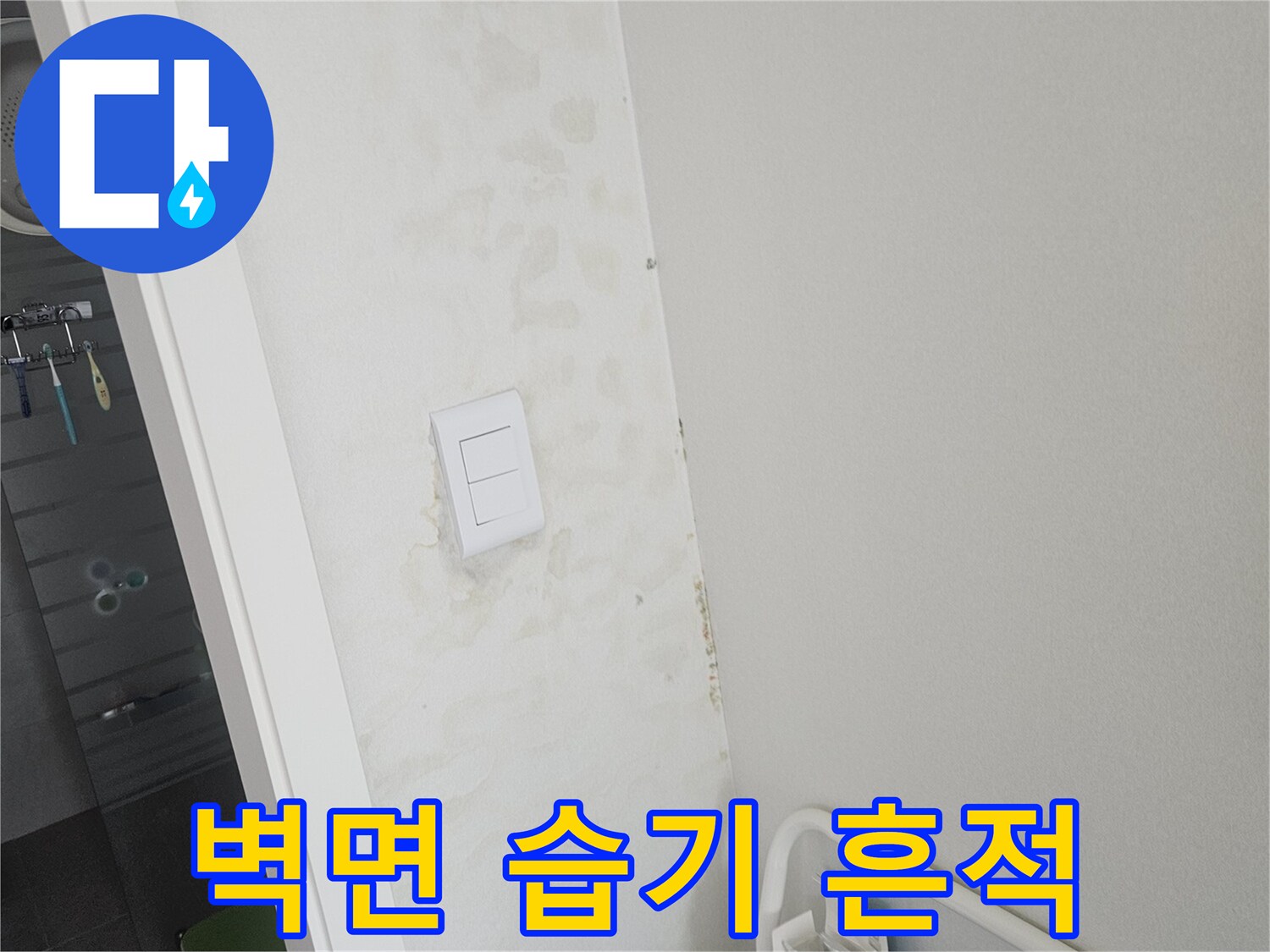 거실 벽지 부분에 발생한 물 얼룩과 젖음 현상