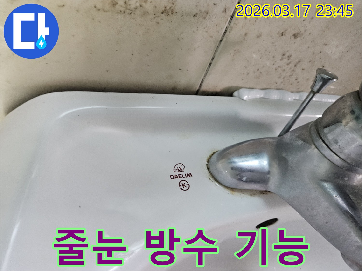 대림 세면대 수도꼭지 주변의 물때와-벽면에 번진 검은 곰팡이가-세면대 주변 타일 줄눈 손상으로 인한 방수 기능 상실 문제를 보여줍니다.