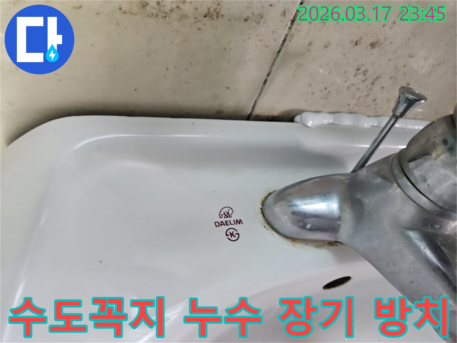 대림 세면대 수도꼭지 주변의 물때와-벽면에 번진 검은 곰팡이가-장기 방치된 누수 문제의 심각성을 보여주는 사진입니다.