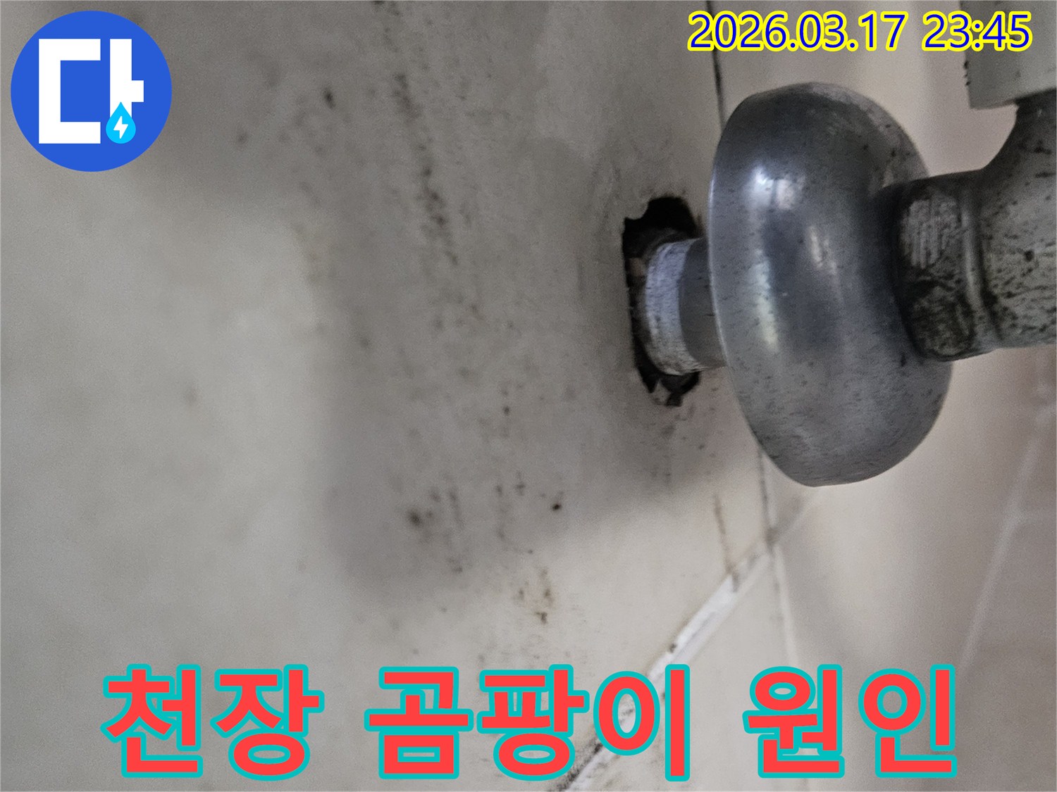 이 사진은 천장 배관 주변의 누수로 인해-곰팡이와 물때가 심하게 생긴 모습을 보여줍니다