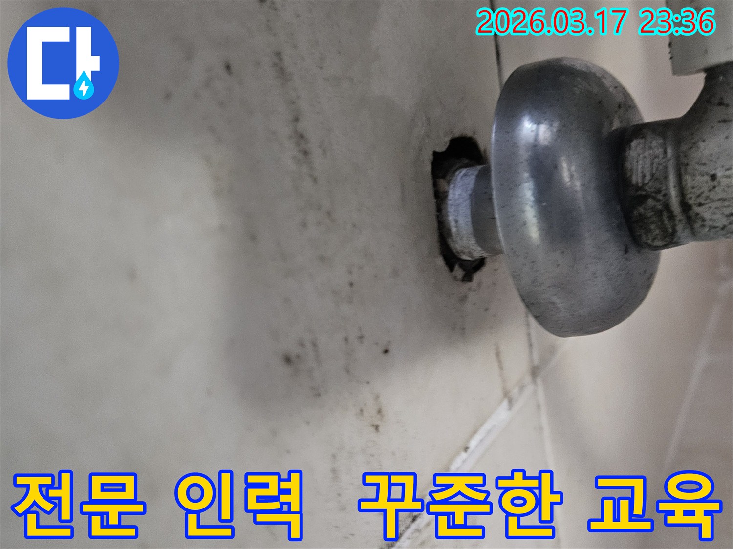 천장-배관에서-발생한-누수로-인해-오염된-벽면과-꾸준한-교육으로-성장하는-최고의-전문-인력이-누수를-해결하는-모습