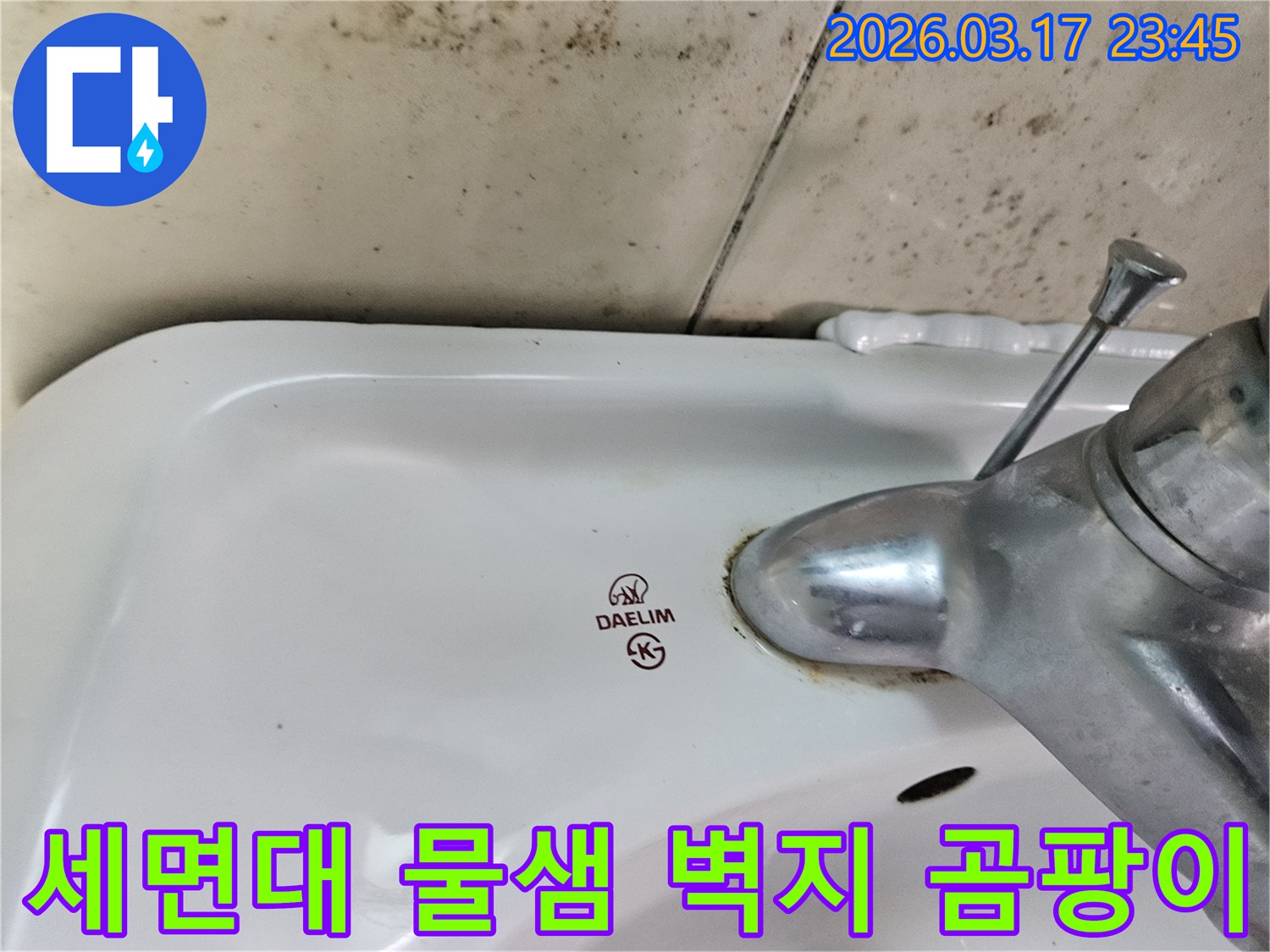화성 병점동 아파트 욕실의 대림 세면대와-수도꼭지 주변에 발생한 곰팡이와 물샘 흔적을 보여주는 사진입니다.