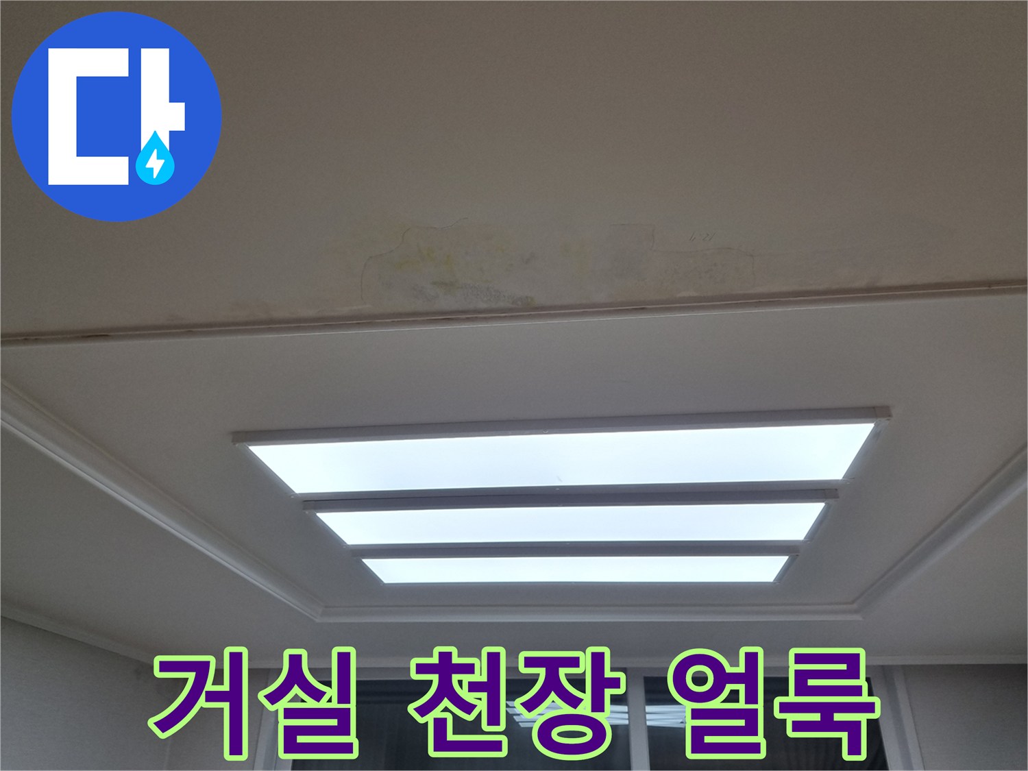 매립등 주변으로 번진 천장 누수 흔적 상세