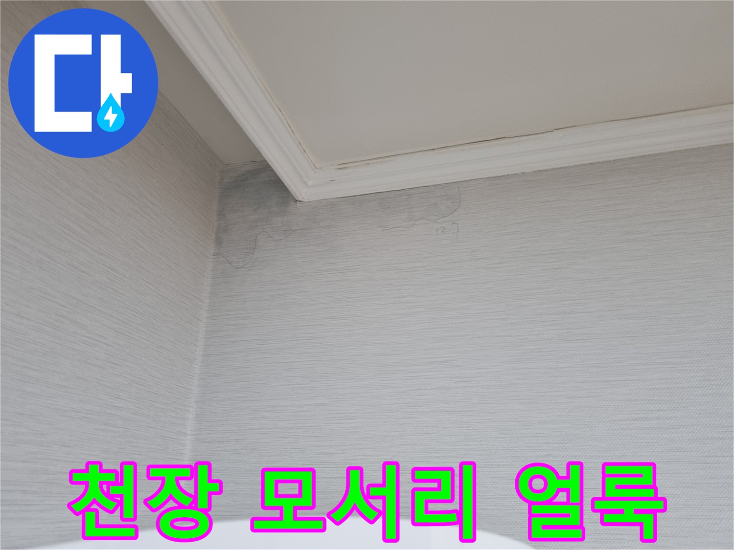 아파트 천장 구석-누수로 인한 벽지 변색 부위