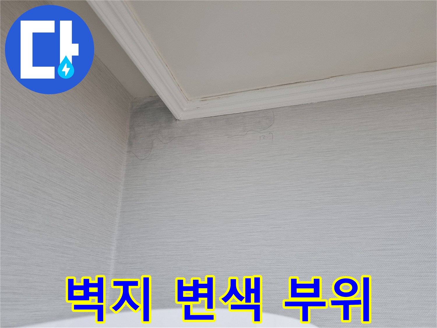 천장 모서리 부분의 어두운 누수 흔적과 벽지 오염 상태