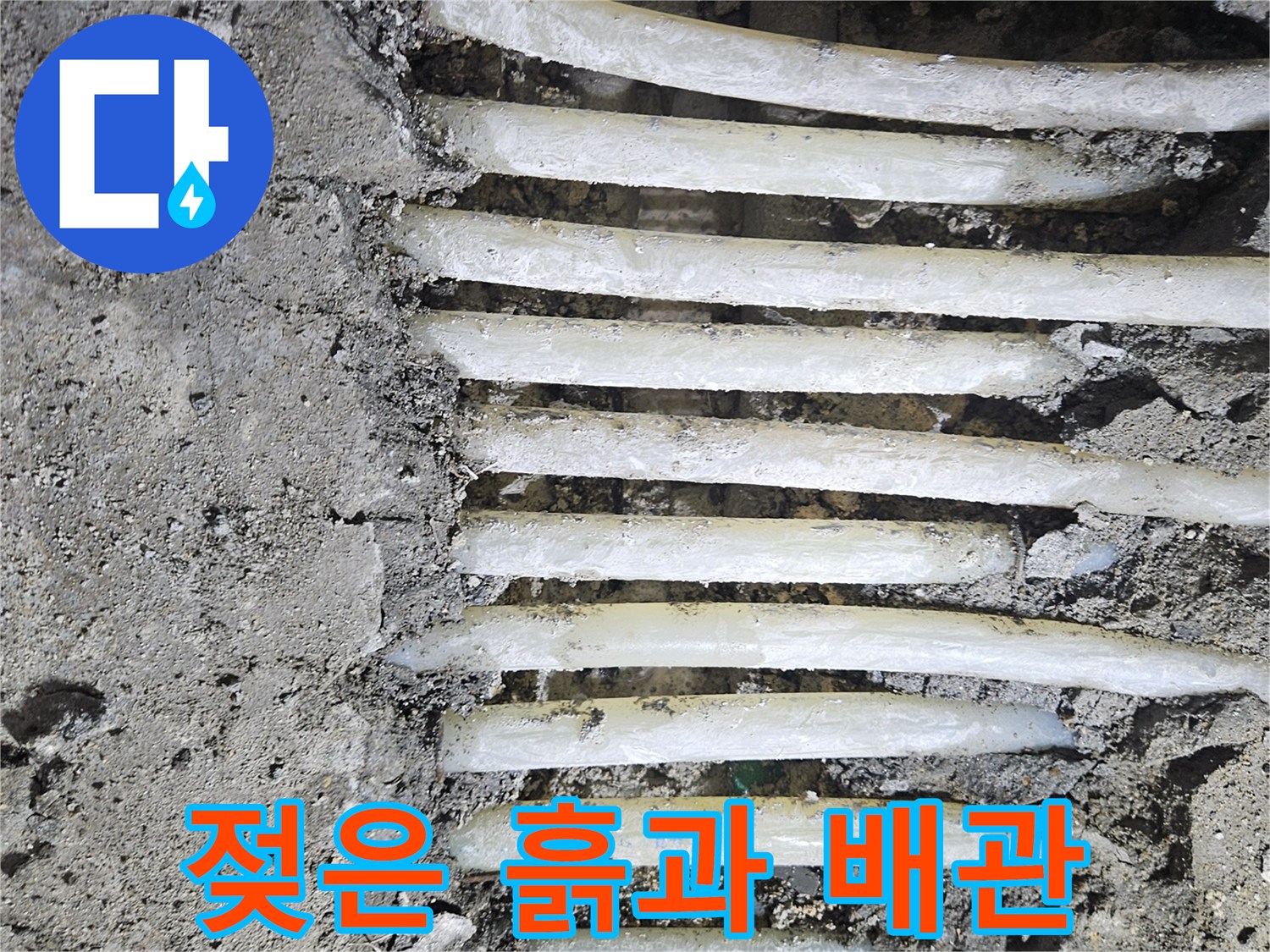 배관 주변의 습한 토양과 노출된 플라스틱 배관