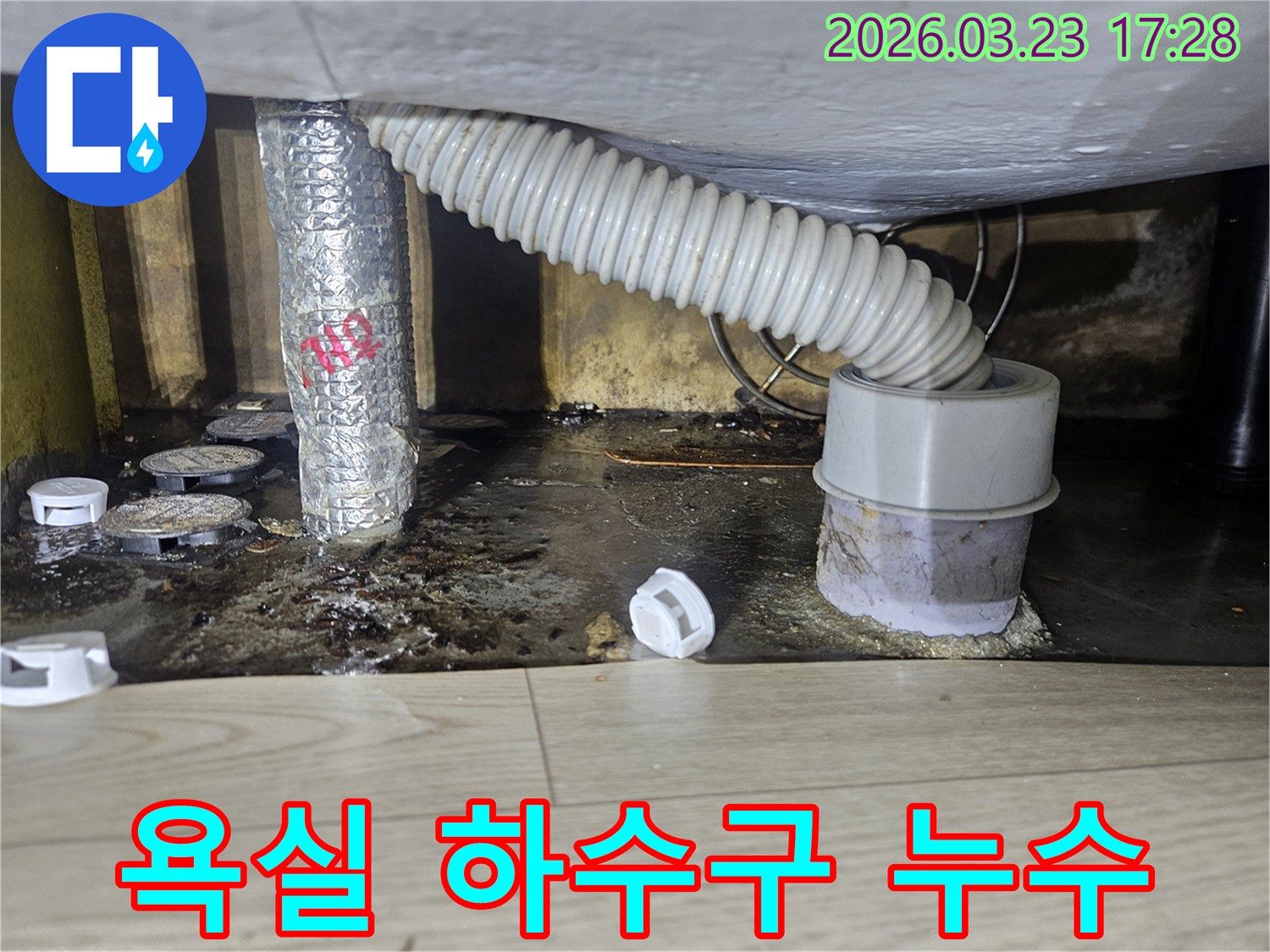 이 이미지는 욕실 하수구 주변에서 발생한 누수로 인해 바닥이 젖고 오염된 현장을 보여주며-위생적인 문제가 심각합니다.