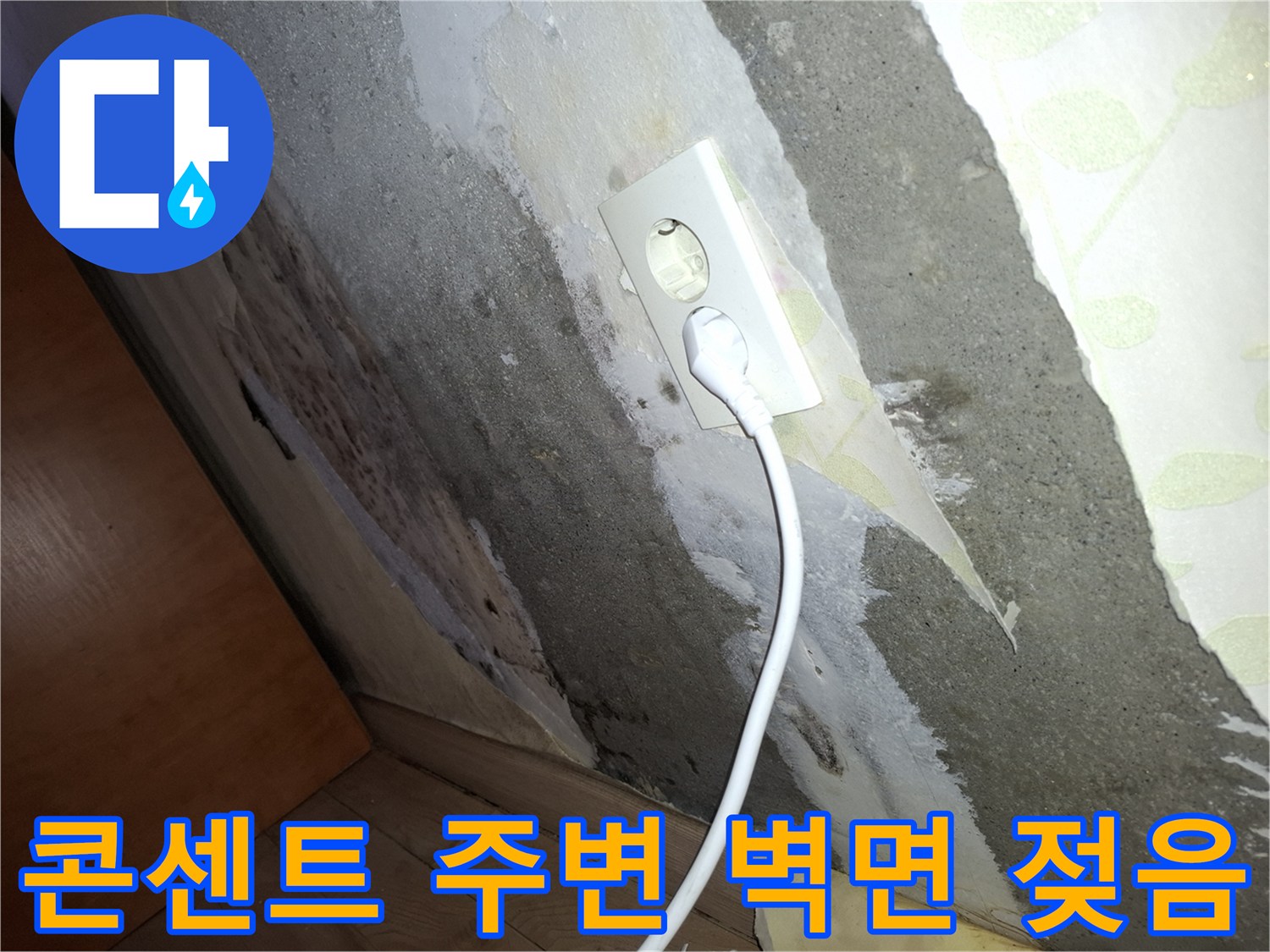 전기 콘센트 주변의 콘크리트 벽면이 물기에 젖어 얼룩진 상태