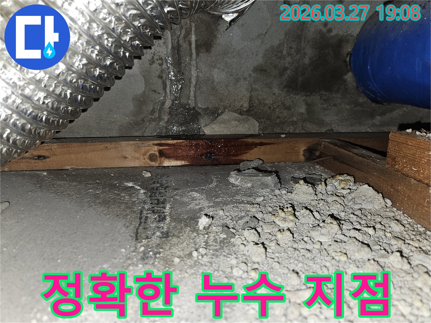 정확한-누수-지점-탐지를-위해-확인된-벽면-하단부의-물-젖음과-목재-구조물-손상-최소-파괴-공법-적용