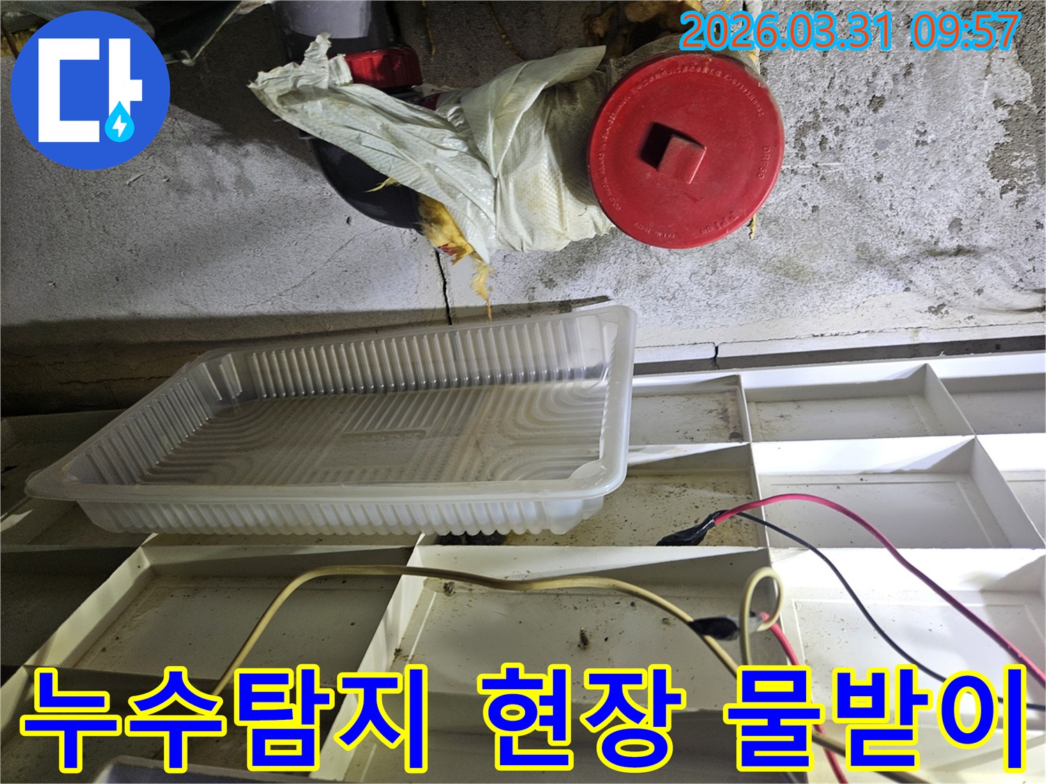 누수-발생-현장에서-물방울을-받아내고-있는-플라스틱-용기와-주변-배관-상황