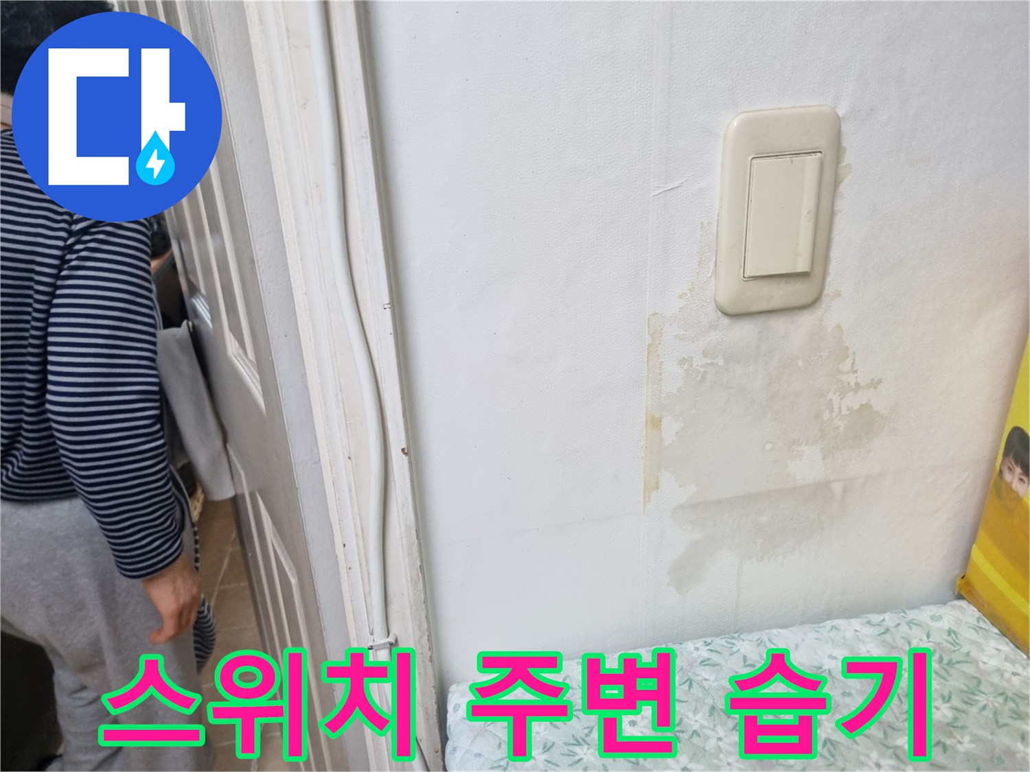 다용도실 스위치 아래쪽으로 퍼진 물자국과 젖은 벽지 표면