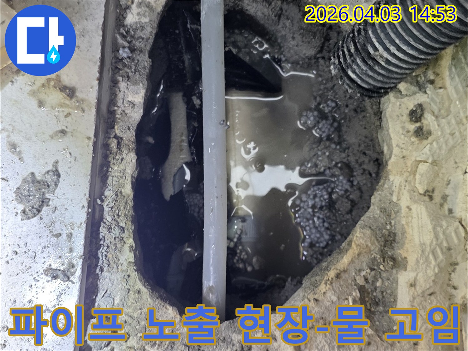 누수 공사 시작 단계에서-배관 주변에 물이 고여있는 것을 발견하고-정밀 진단하는 모습입니다.