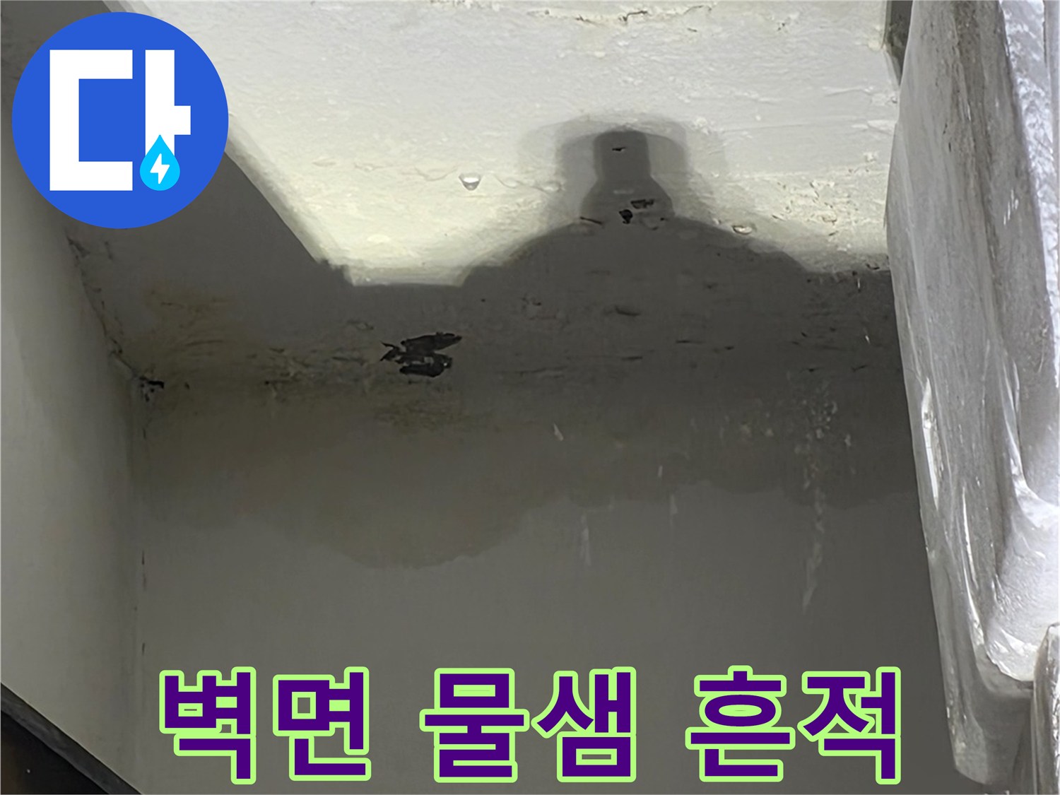 물기가 스며들어 변색된 세탁실 벽면의 상세 모습