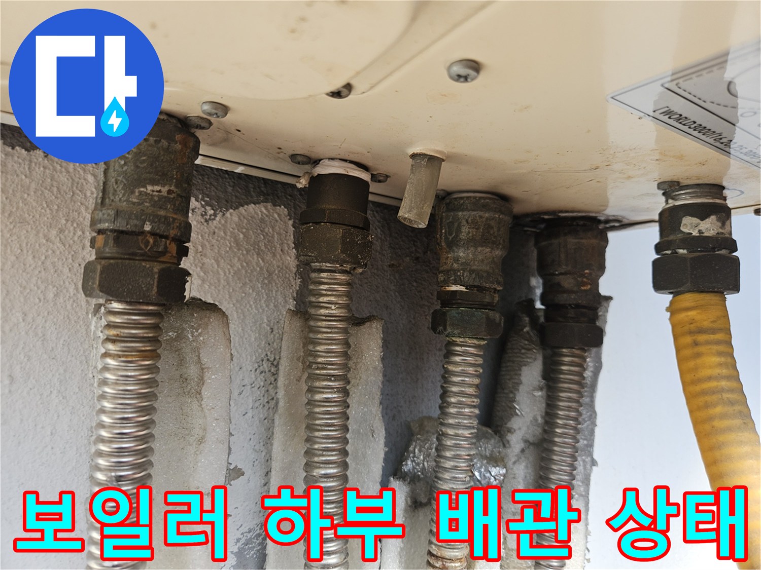 보일러-본체-하단에-연결된-금속-주름관과-배관-연결-부위