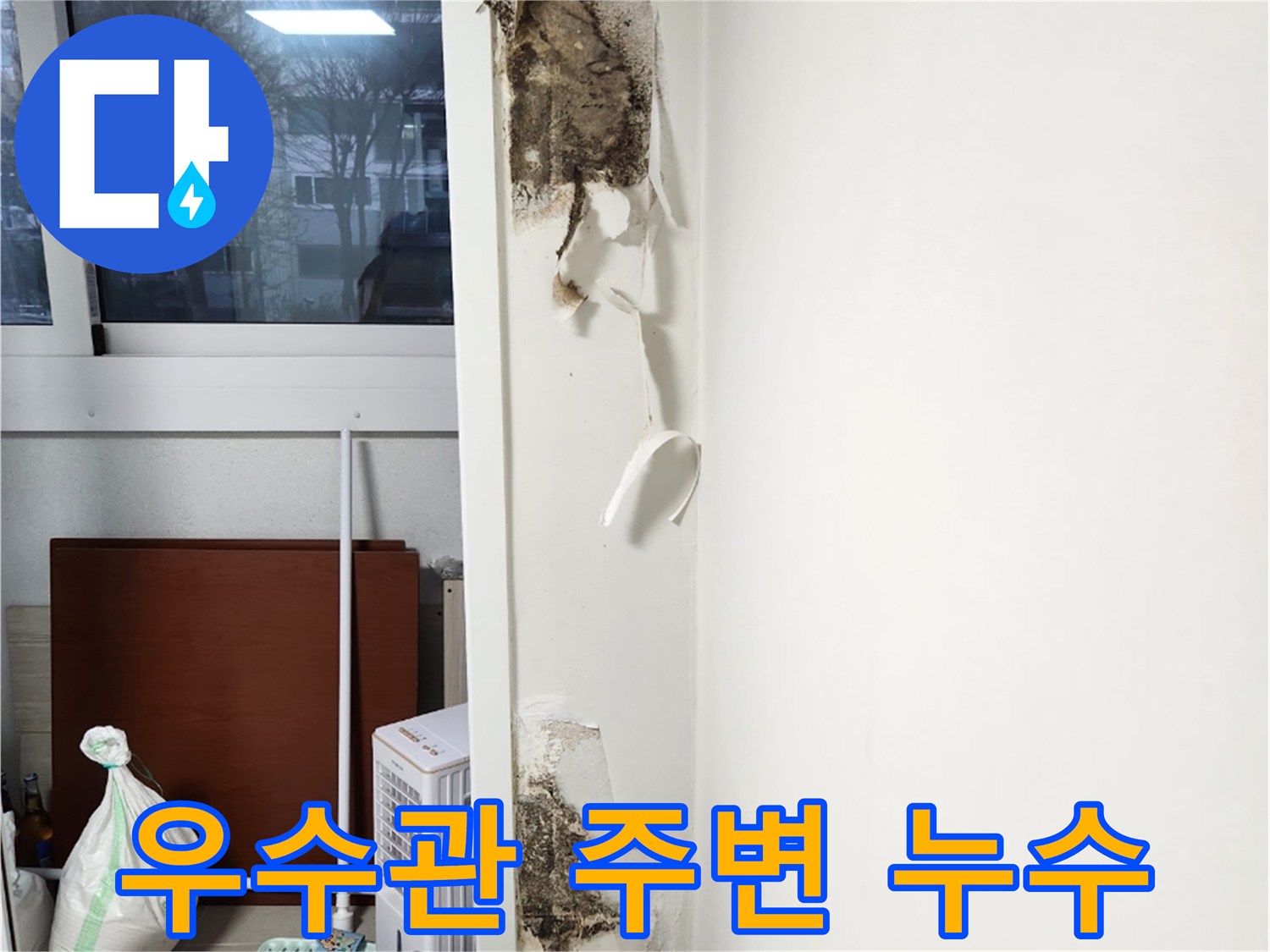 벽체 하단-우수관 인접 부위의 습기 침투 흔적