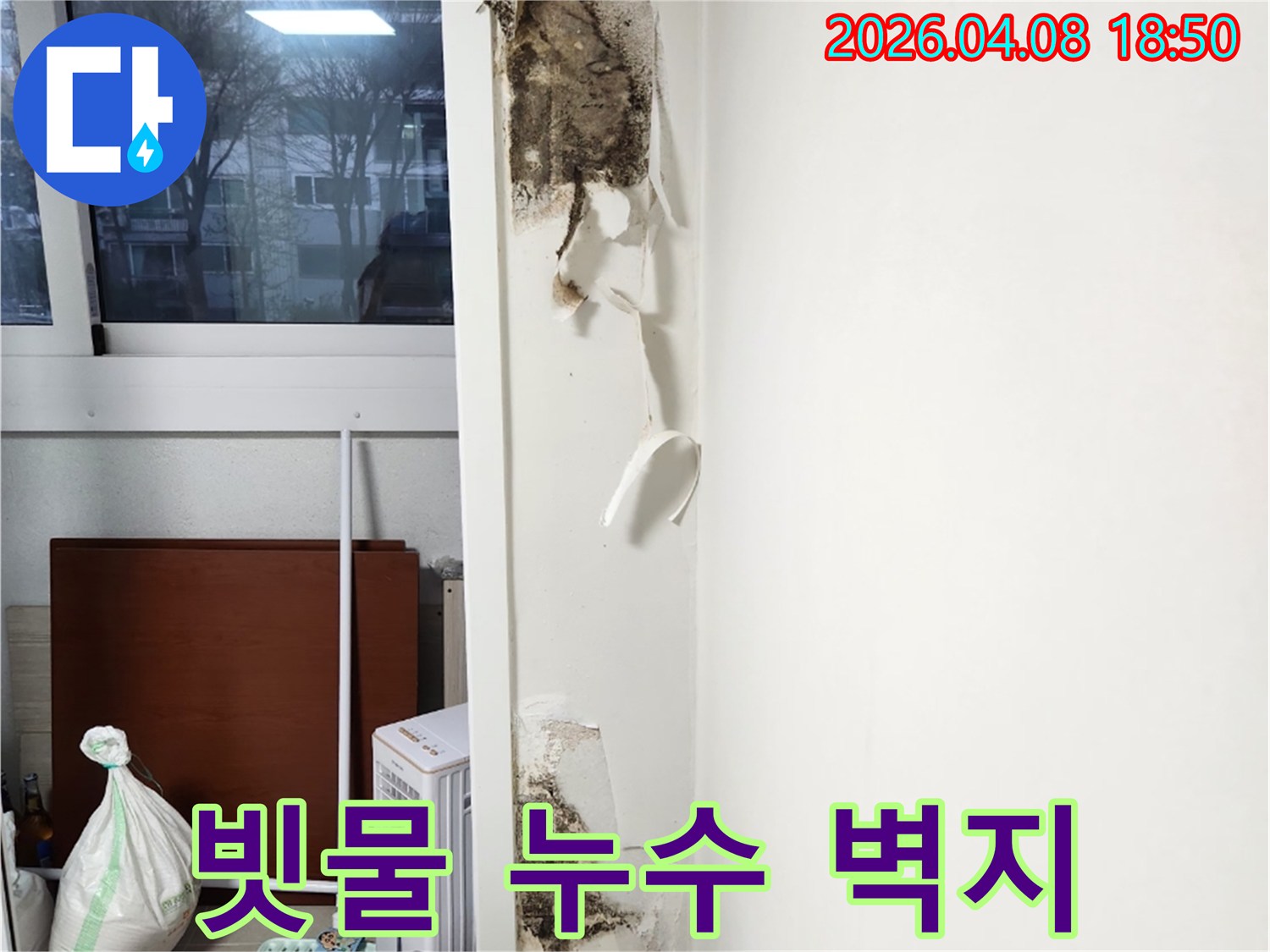창문-아래-벽면에서-발견된-벽지-손상과-함께-심각하게-번식한-곰팡이의-모습을-담은-누수-현장-사진입니다