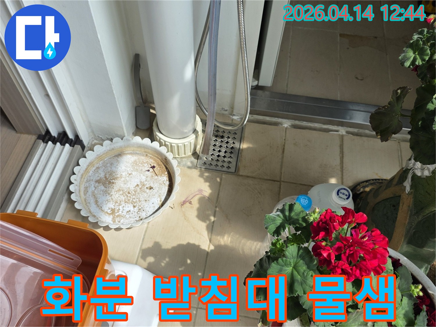 이 이미지는-김포 아파트 베란다의-화분 받침대 주변에서-발견된 물샘 현상을-기록한 사진입니다