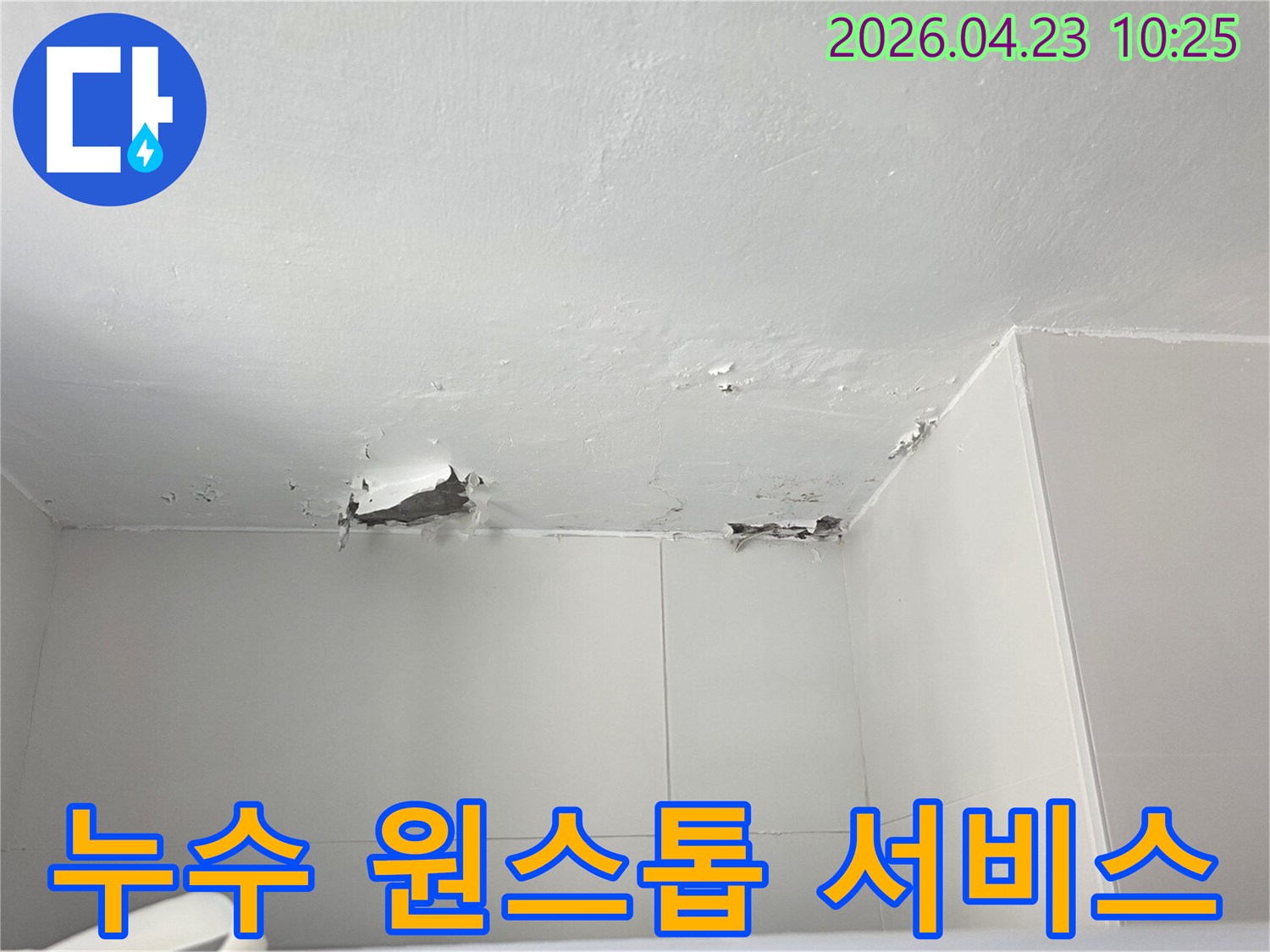 천장 누수로 인해-페인트가 벗겨진 현장에서-누수탐지부터 복구까지-원스톱으로 처리하는-전문가의 서비스