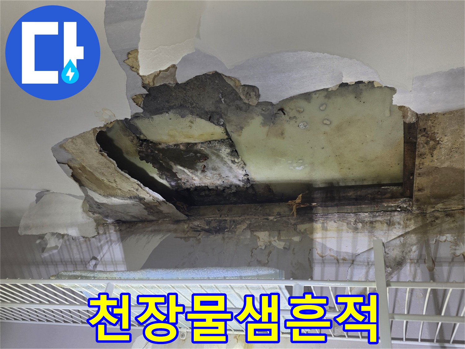 심각한 천장 누수-부서진 석고보드와 곰팡이 발생 부위