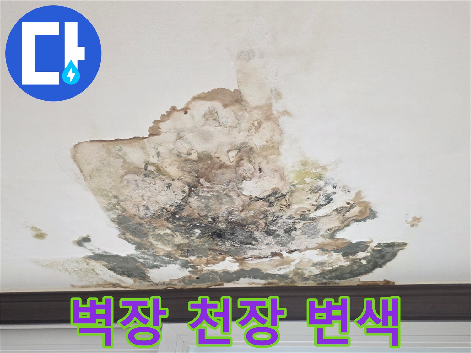 천장 마감재의 심한 변색과 습기 침투 흔적