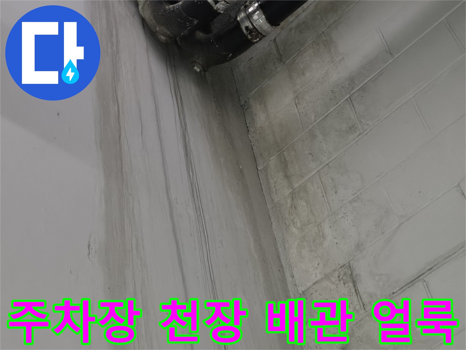 노원구 월계동 지하 주차장-천장 배관 주변의 누수 흔적과 오염된 상태